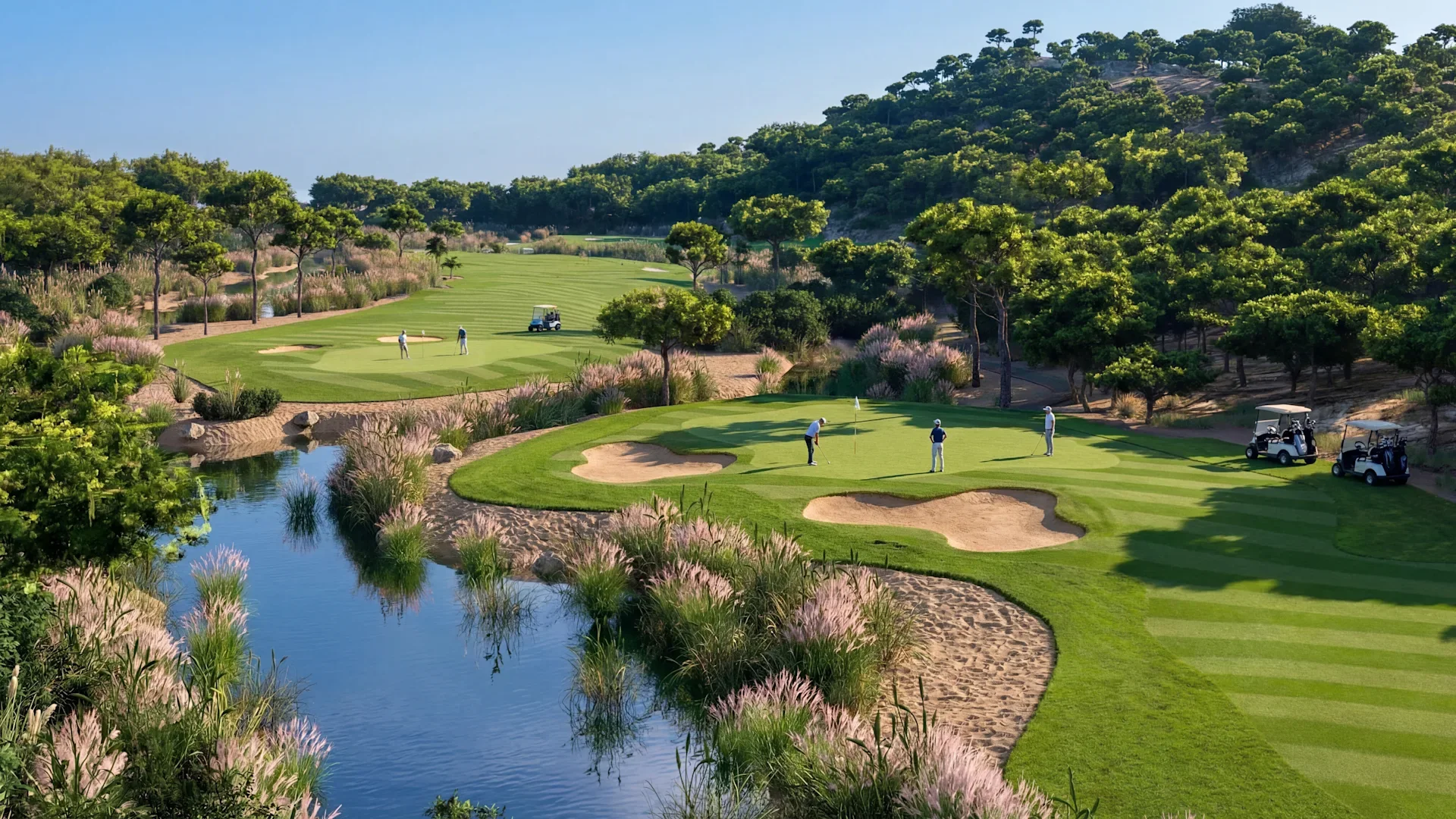 Golf course greens framed by pine-covered hills, reeds and a pond