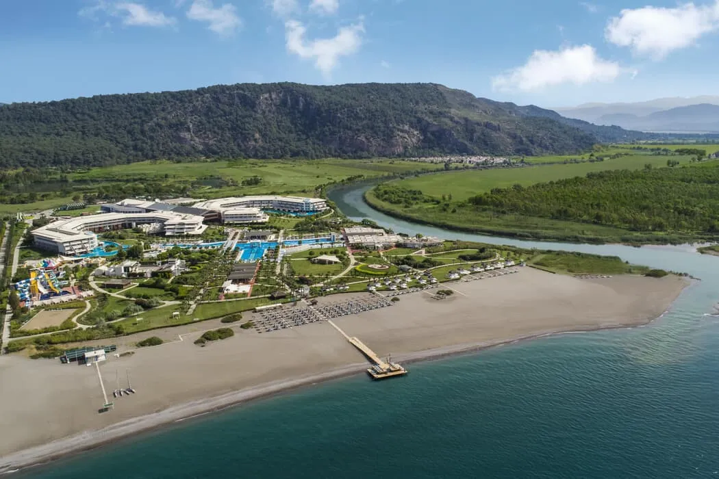 Aerial view of the Hilton resort at Sarıgerme, Dalaman, between the river and the sea