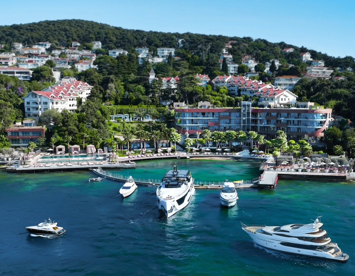 Prince's Palace on Büyükada, seen from the water with yachts at the pier